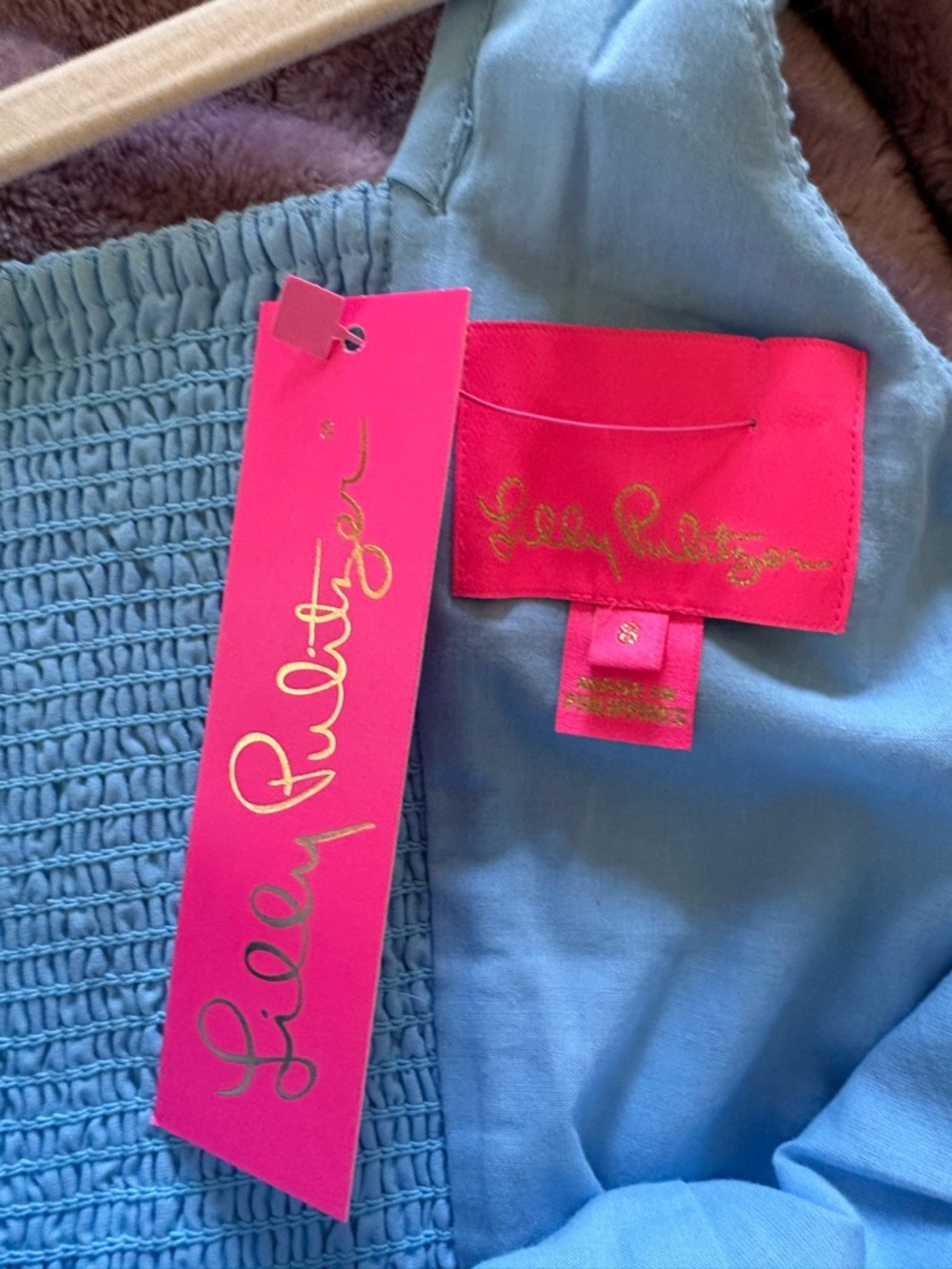Lilly Pulitzer Light Blue Smocked Dress with Hot Pink Tag - Picture 2 of 3